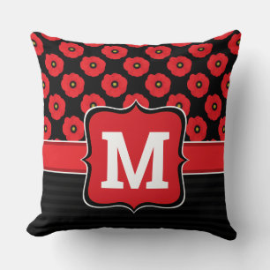 Shabby Chic Red and Black Poppies Floral Monogram Cushion