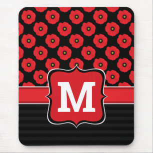Shabby Chic Red and Black Poppies Floral Monogram Mouse Pad