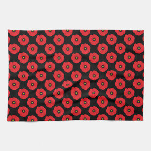 Shabby Chic Red and Black Poppies Floral Tea Towel