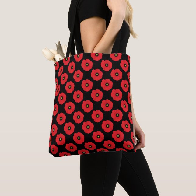 Shabby Chic Red and Black Poppies Pattern Tote Bag (Close Up)