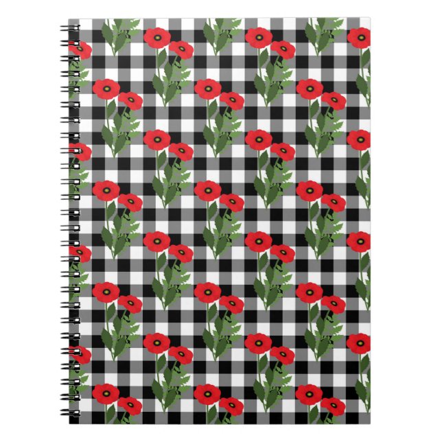 Shabby Chic Red, Black & White Poppies Floral Notebook (Front)
