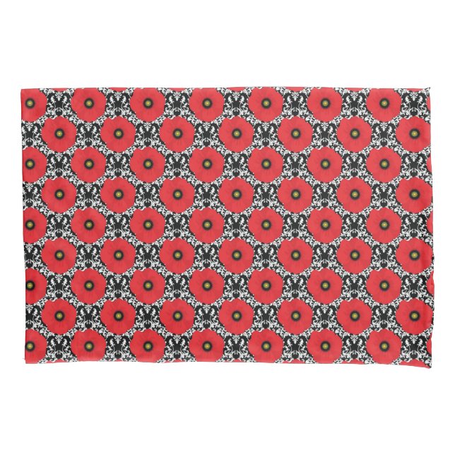Shabby Chic Red, Black & White Poppies Floral Pillowcase (Front)
