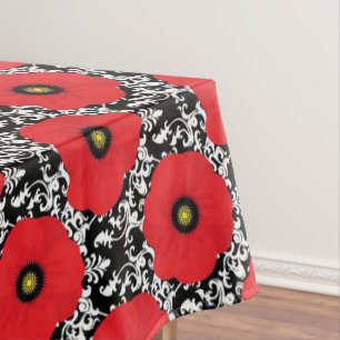 Shabby Chic Red, Black & White Poppies Floral Tablecloth