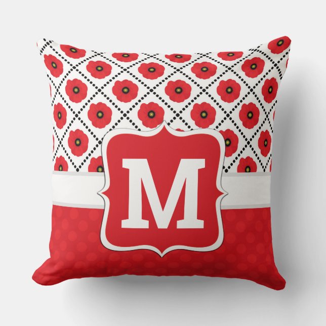 Shabby Chic Red, Black & White Poppies Monogram Cushion (Front)