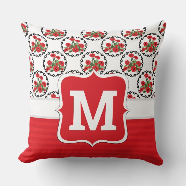 Shabby Chic Red, Black & White Poppies Monogram Cushion (Front)