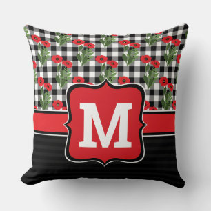 Shabby Chic Red, Black & White Poppies Monogram Cushion