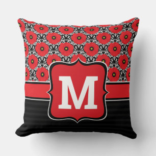 Shabby Chic Red, Black & White Poppies Monogram Cushion