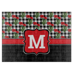 Shabby Chic Red, Black & White Poppies Monogram Cutting Board
