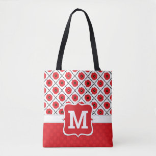 Shabby Chic Red, Black & White Poppies Monogram Tote Bag