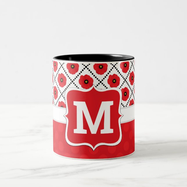 Shabby Chic Red, Black & White Poppies Monogram Two-Tone Coffee Mug (Center)