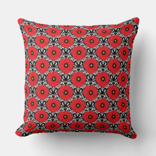 Shabby Chic Red, Black & White Poppies Pattern Cushion