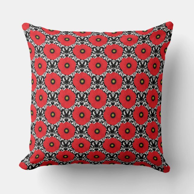 Shabby Chic Red, Black & White Poppies Pattern Cushion (Front)