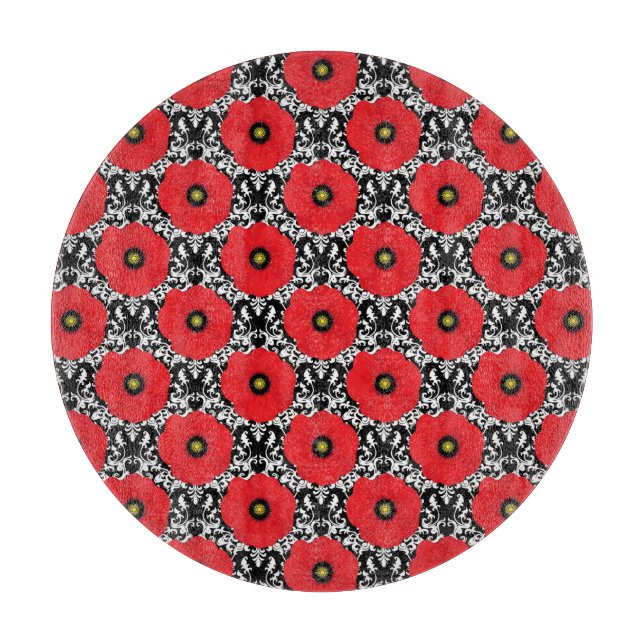 Shabby Chic Red, Black & White Poppies Pattern Cutting Board (Front)
