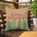 Shabby Chic Red Green Trees Faux Jute Burlap Cushion<br><div class="desc">Cute 'Merry Christmas' quote text written in calligraphy letters and green holiday season trees on faux Jute Burlap textile texture pattern. Available on a variety of modern outdoor home decor accents and fashion inspired accessories for decorating your porch, patio, pool deck or backyard sitting area of your beach house, country...</div>