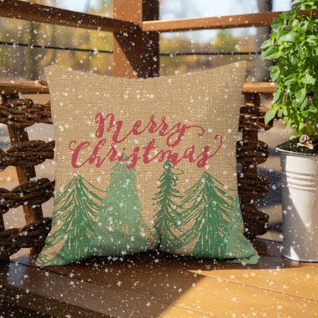 Shabby Chic Red Green Trees Faux Jute Burlap Cushion (Creator Uploaded)