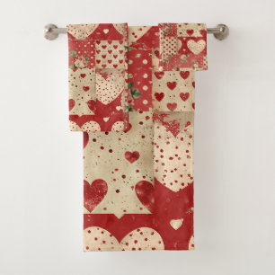 Shabby Chic Red Patchwork Pattern Bath Towel Set