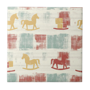 Shabby Chic Rocking Horse Plaid Pattern Ceramic Tile