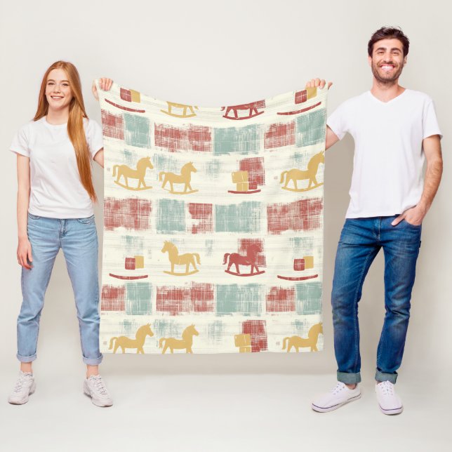 Shabby Chic Rocking Horse Plaid Pattern Fleece Blanket (In Situ)
