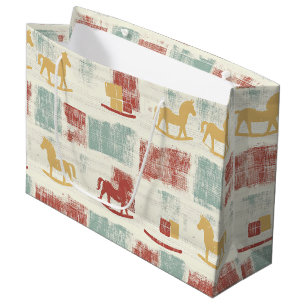 Shabby Chic Rocking Horse Plaid Pattern Large Gift Bag