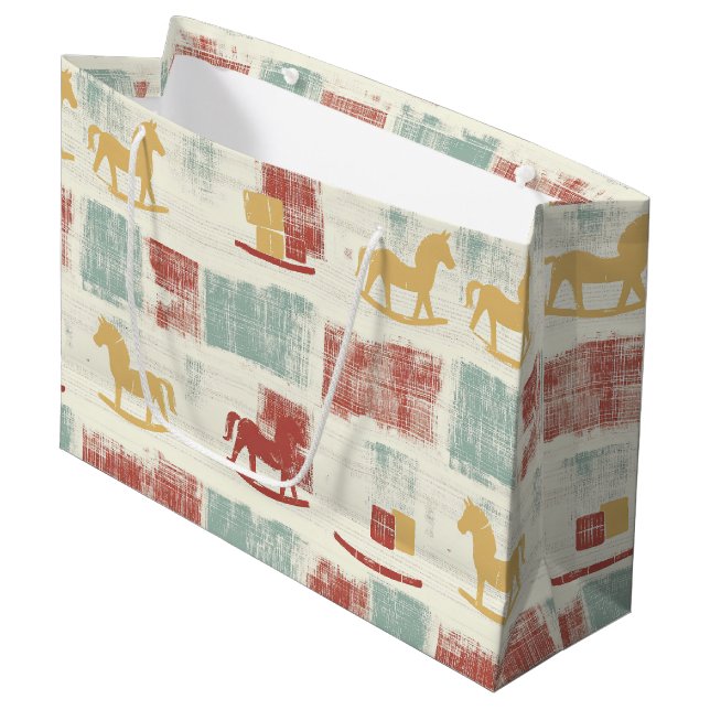 Shabby Chic Rocking Horse Plaid Pattern Large Gift Bag (Front Angled)