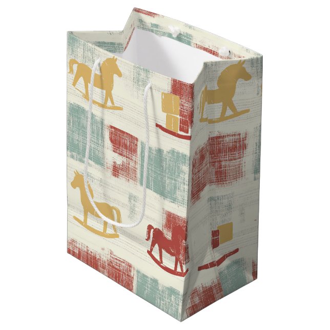 Shabby Chic Rocking Horse Plaid Pattern Medium Gift Bag (Front Angled)