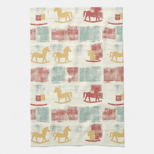 Shabby Chic Rocking Horse Plaid Pattern Tea Towel