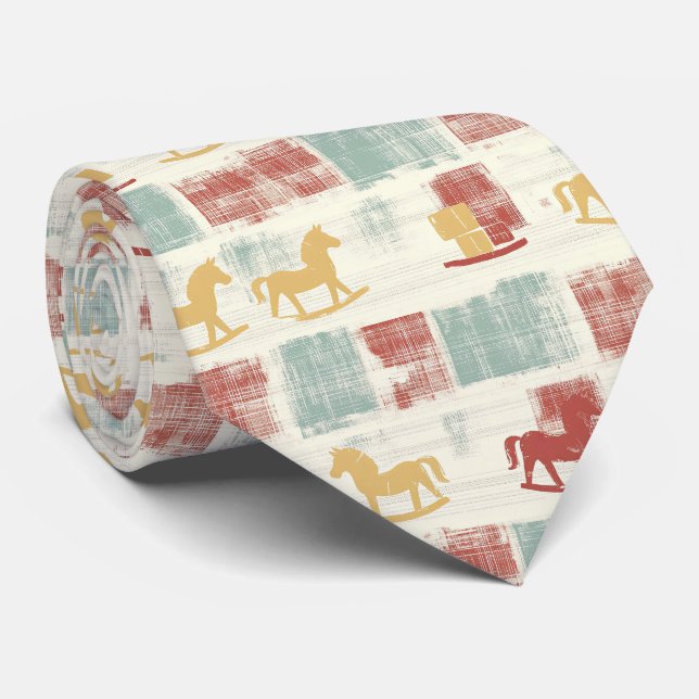 Shabby Chic Rocking Horse Plaid Pattern Tie (Rolled)