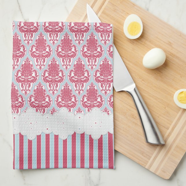 Shabby Chic Rose & Blue Damask & Stripes Tea Towel (Quarter Fold)