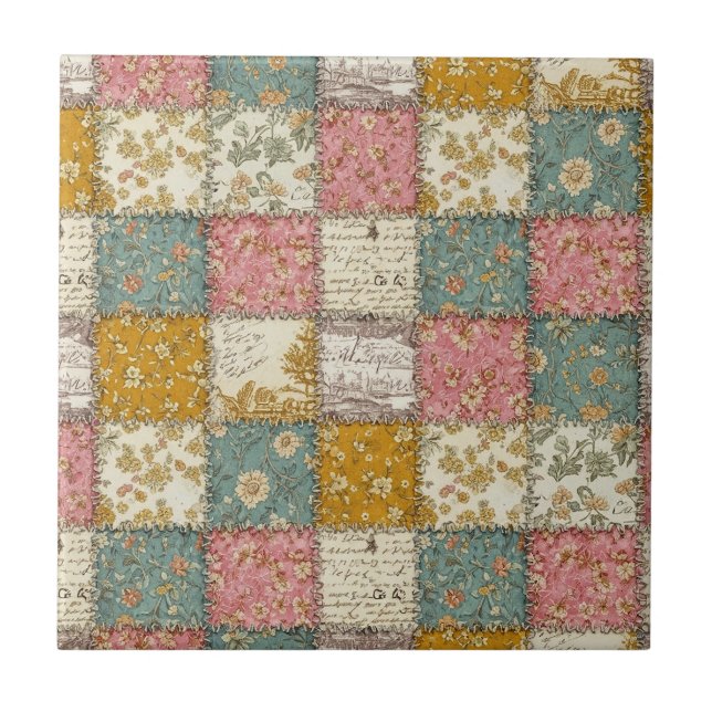 Shabby Chic Rose Quilt Pattern Ceramic Tile (Front)