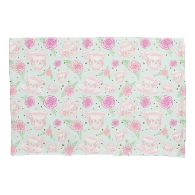 Shabby Chic Rose Tea Cups Pattern Pillowcase (Front)