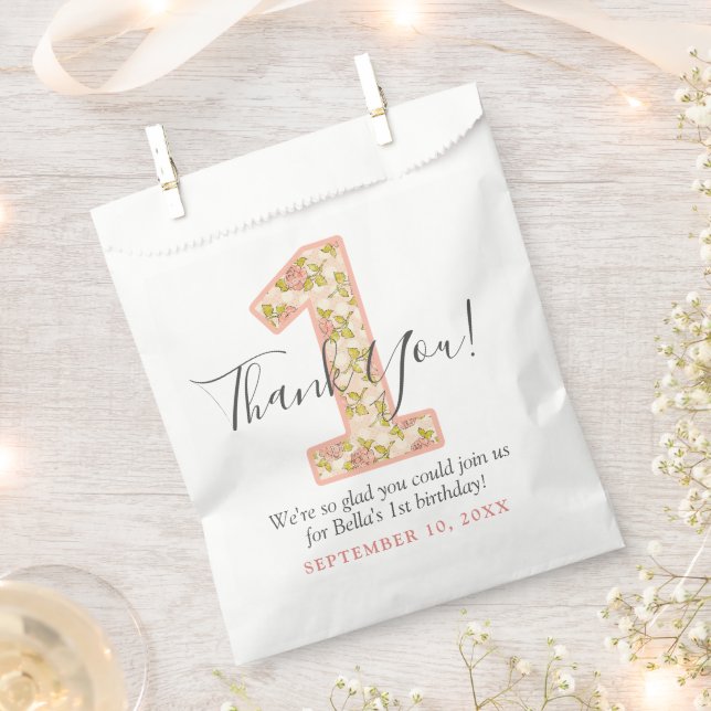 Shabby Chic Rose Thank You 1st Birthday Custom Favour Bag (Clipped)