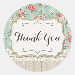 Shabby Chic Roses, Lace & Burlap Burlap Thank You Classic Round Sticker