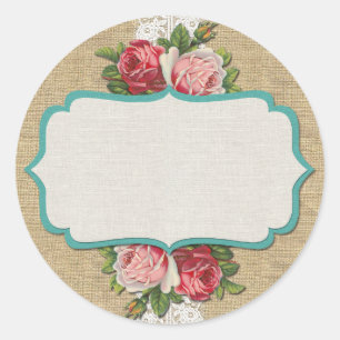 Shabby Chic Roses on Vintage Lace & Rustic Burlap Classic Round Sticker