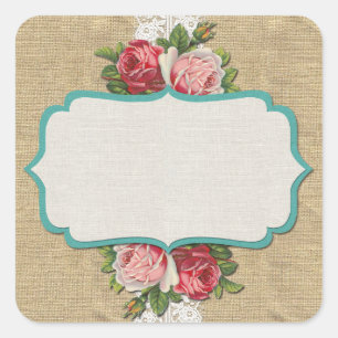 Shabby Chic Roses on Vintage Lace & Rustic Burlap Square Sticker