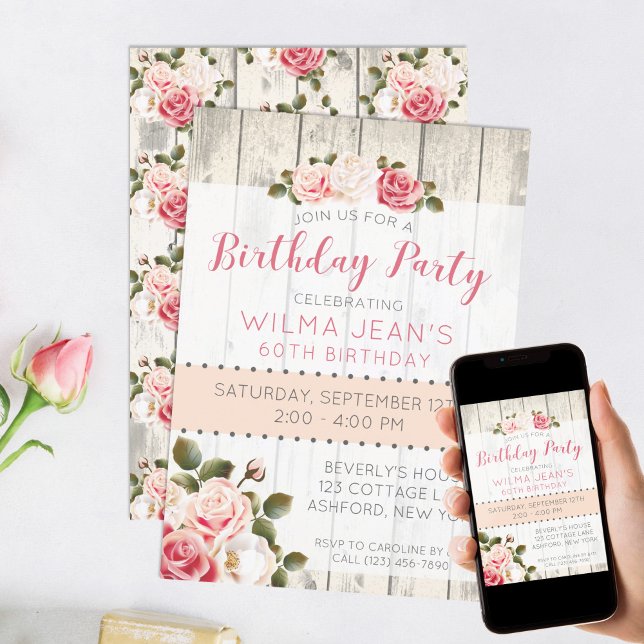 Shabby Chic Roses Rustic Wood Birthday Invitation (Creator Uploaded)