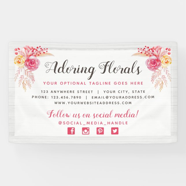 Shabby Chic Roses & Rustic Wood Blush Pink Floral Banner (Horizontal)