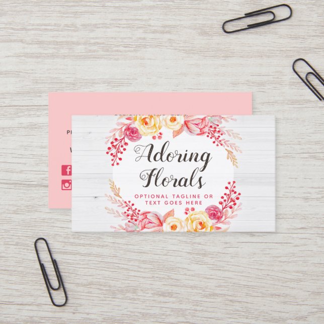 Shabby Chic Roses & Rustic Wood Blush Pink Floral Business Card (Front/Back In Situ)