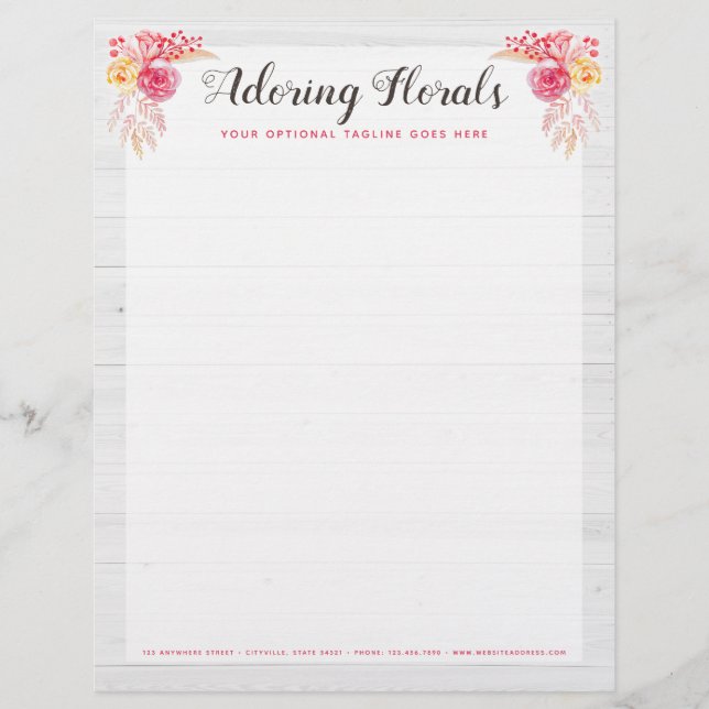 Shabby Chic Roses & Rustic Wood Blush Pink Floral Custom Letterhead (Front)