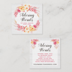 Shabby Chic Roses & Rustic Wood Blush Pink Floral Square Business Card