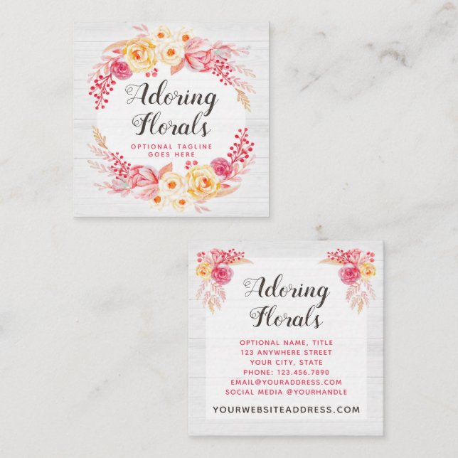 Shabby Chic Roses & Rustic Wood Blush Pink Floral Square Business Card (Front/Back)