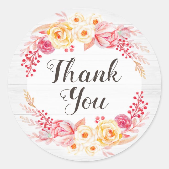 Shabby Chic Roses & Rustic Wood Blush Thank You Classic Round Sticker (Front)