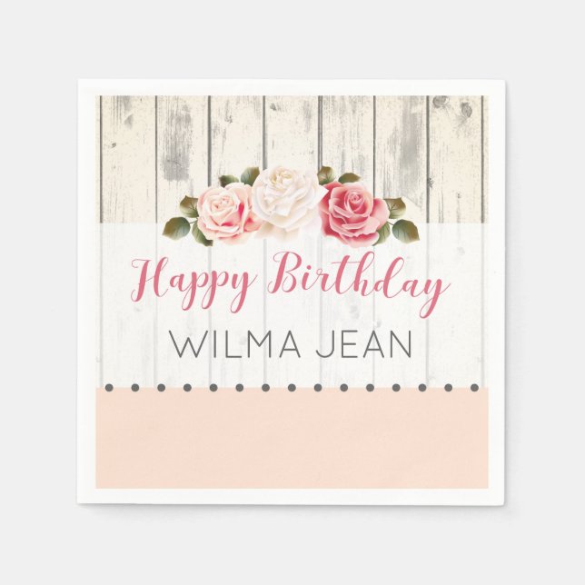 Shabby Chic Roses Rustic Wood Custom Birthday Napkin (Front)