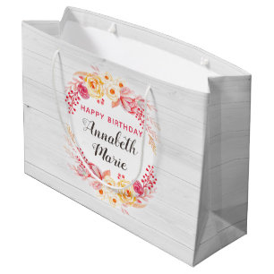 Shabby Chic Rustic Floral Roses Happy Birthday Large Gift Bag