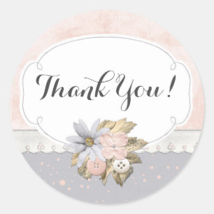 Shabby Chic Rustic Floral Sewing Buttons Thank You Classic Round Sticker