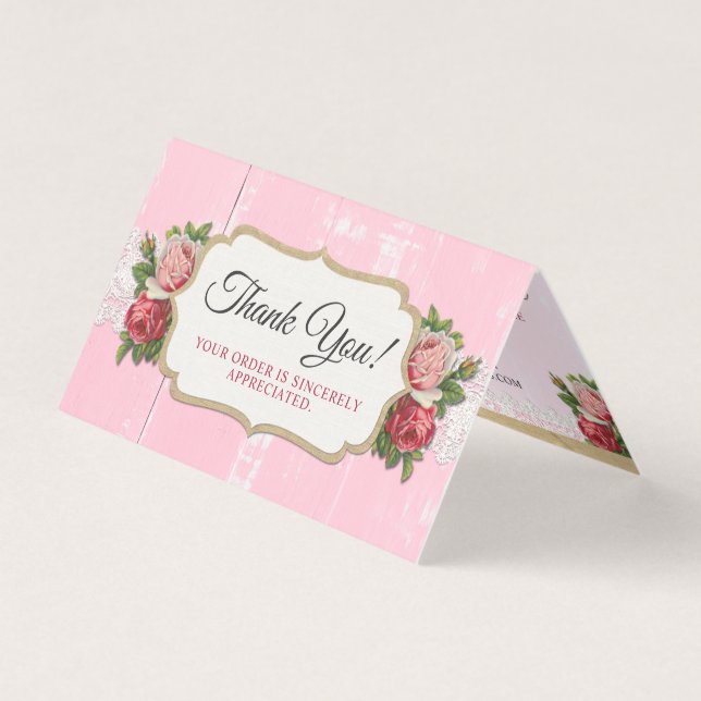 Shabby Chic Rustic Wood Pink Floral Rose Thank You (Front)