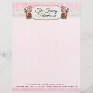 Shabby Chic Rustic Wood Pink Floral Vintage Roses Custom Letterhead