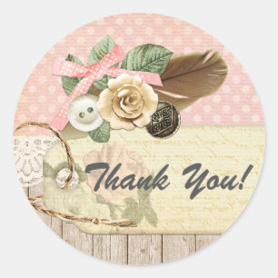 Shabby Chic Rustic Wood, Vintage Craft Thank You Classic Round Sticker
