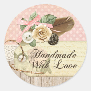 Shabby Chic Rustic Wood, Vintage Lace & Feather Classic Round Sticker