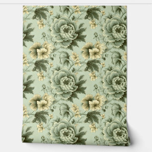 Shabby chic sage green white vintage flowers wallpaper