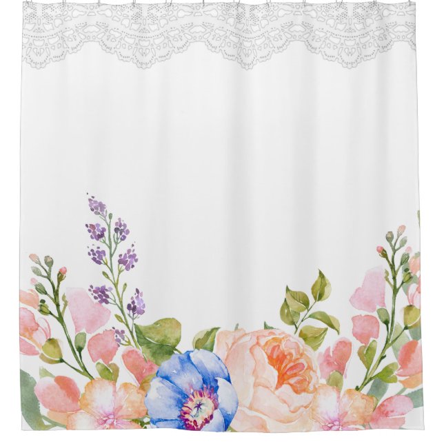 Shabby Chic Spring Peony Floral Lace Shower Curtain (Front)